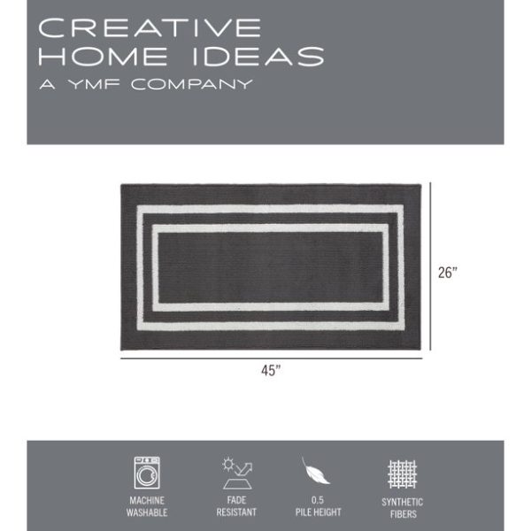 Washable Skid-Resistant Runner Rug, Border, Dark Grey and White, 26" x 45"