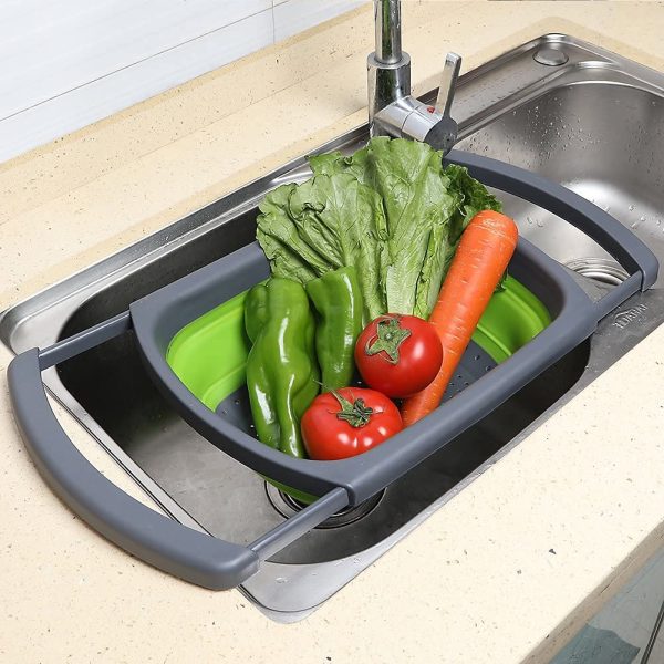 Collapsible Colander, Green Food Strainer Over the Sink Colanders Strainers with Extendable Handles, 6-Quart, Dishwasher-Safe Kitchen Folding Strainer for Pasta, Vegetables and Fruits by Polerce