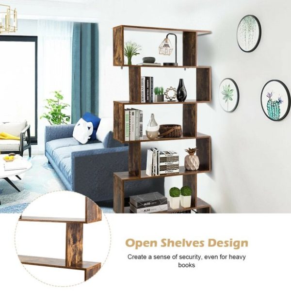 Gymax 6-Tier S-Shape Bookcase Z-Shelf Style Storage Display Rack Brown