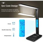 LED Desk Lamp with Wireless Charger, USB Charging Port, Adjustable Foldable ​Table Lamp with Clock, Alarm, Date, Temperature, 5-Level Dimmable ​Lighting​, Office Lamp with Adapter,Black