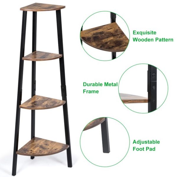 COSTWAY 4-Tier Corner Shelf Metal Storage Rack Bookcase Plant Display Stand Natural