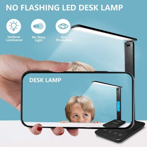 LED Desk Lamp with Wireless Charger, USB Charging Port, Adjustable Foldable ​Table Lamp with Clock, Alarm, Date, Temperature, 5-Level Dimmable ​Lighting​, Office Lamp with Adapter,Black
