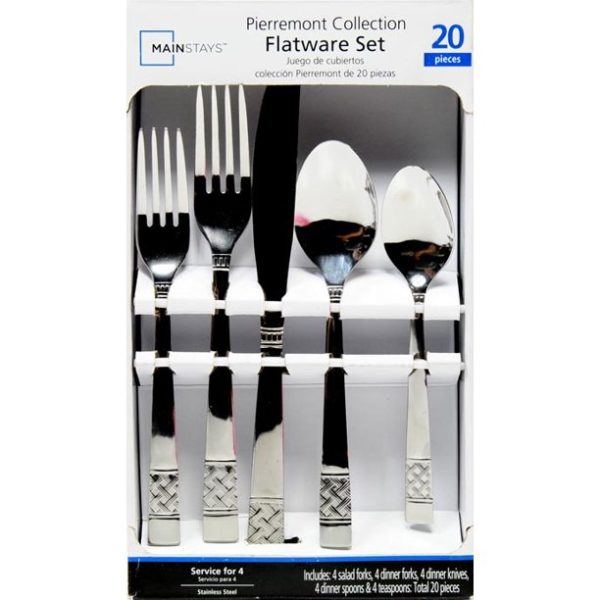 Mainstays Pierremont 20 Piece Polished Stainless Steel Flatware Set, Silver Tableware