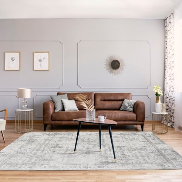 ReaLife Rugs Machine Washable Printed Vintage Distressed Trellis Ivory-Gray Eco-friendly Recycled Fiber Area Runner Rug (3' x 5')