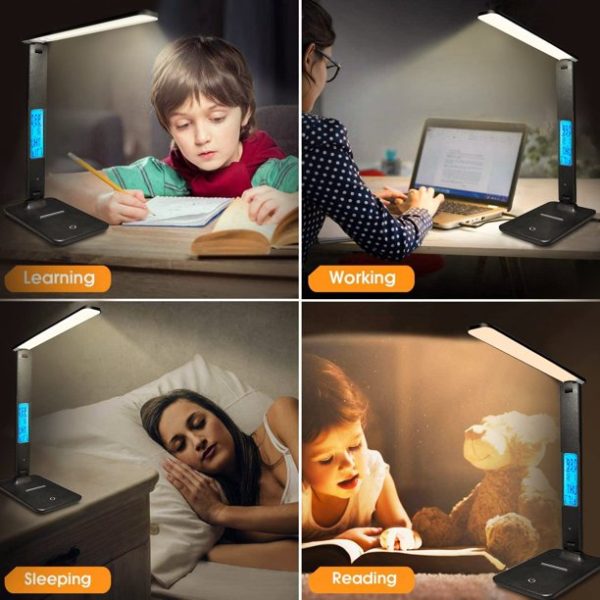 LED Desk Lamp with Wireless Charger, USB Charging Port, Adjustable Foldable ​Table Lamp with Clock, Alarm, Date, Temperature, 5-Level Dimmable ​Lighting​, Office Lamp with Adapter,Black