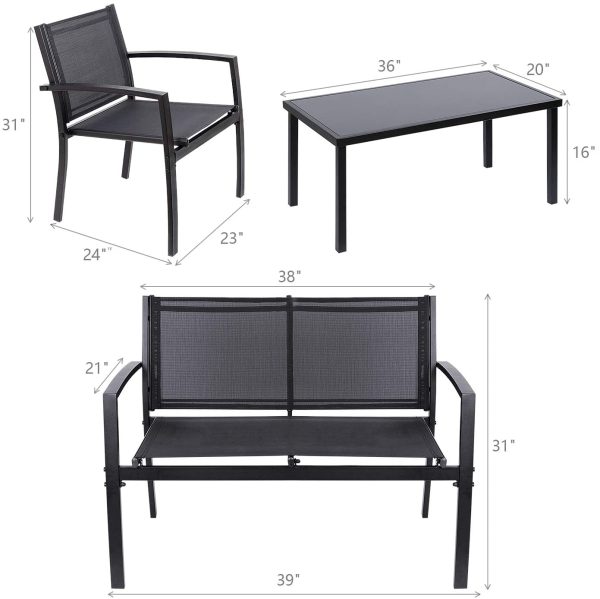 Vineego 4 Pieces Patio Furniture Outdoor furniture Outdoor Patio Furniture Set Textilene Bistro Set Modern Conversation Set Black Bistro Set with Loveseat Tea Table for Home, Lawn and Balcony (Black