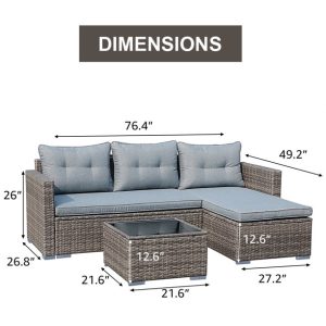 JOIVI Patio Conversation Set, PE Wicker Rattan Outdoor Furniture Set, 2 Ways Small Sectional Sofa Lounge and Love Seat with Cushions, Tempered Glass Coffee Table, Silver-Gray img 2