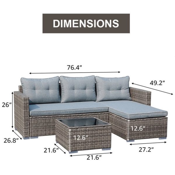 JOIVI Patio Conversation Set, PE Wicker Rattan Outdoor Furniture Set, 2 Ways Small Sectional Sofa Lounge and Love Seat with Cushions, Tempered Glass Coffee Table, Silver-Gray