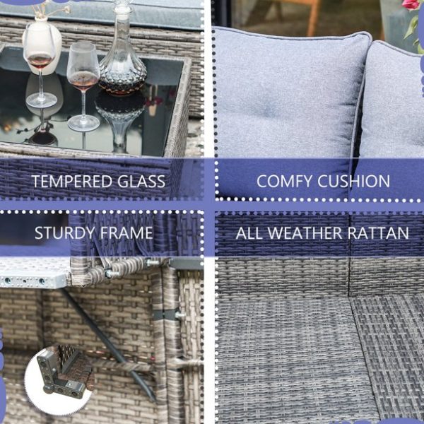 JOIVI Patio Conversation Set, PE Wicker Rattan Outdoor Furniture Set, 2 Ways Small Sectional Sofa Lounge and Love Seat with Cushions, Tempered Glass Coffee Table, Silver-Gray