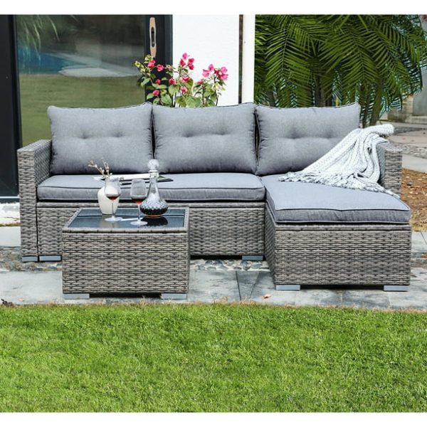 JOIVI Patio Conversation Set, PE Wicker Rattan Outdoor Furniture Set, 2 Ways Small Sectional Sofa Lounge and Love Seat with Cushions, Tempered Glass Coffee Table, Silver-Gray