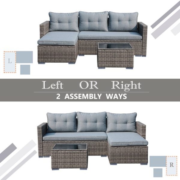 JOIVI Patio Conversation Set, PE Wicker Rattan Outdoor Furniture Set, 2 Ways Small Sectional Sofa Lounge and Love Seat with Cushions, Tempered Glass Coffee Table, Silver-Gray