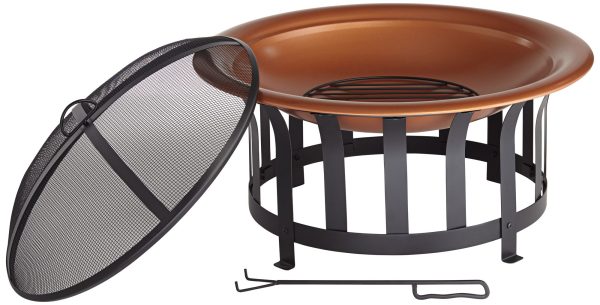 John Timberland Copper and Black Outdoor Fire Pit Round 30" Steel Wood Burning with Spark Screen and Fire Poker for Backyard Patio Camping