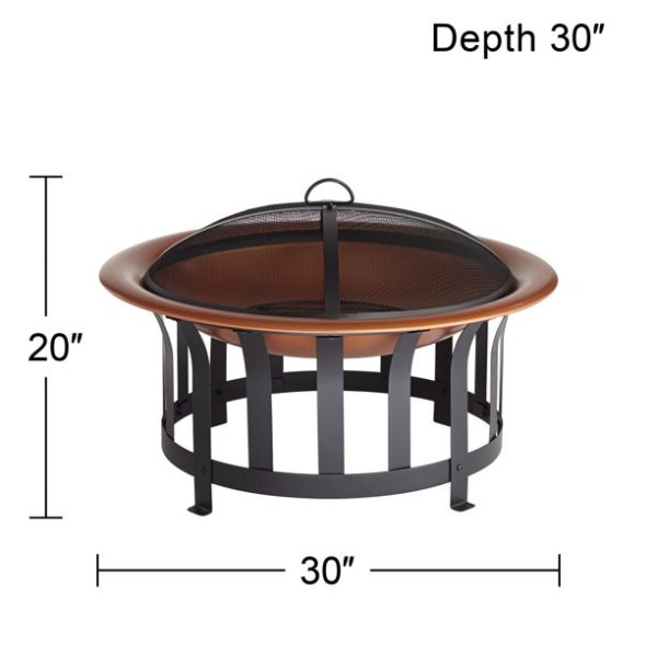 John Timberland Copper and Black Outdoor Fire Pit Round 30" Steel Wood Burning with Spark Screen and Fire Poker for Backyard Patio Camping