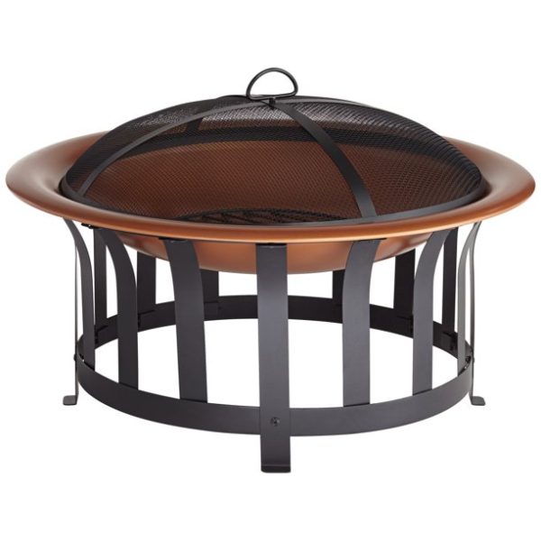 John Timberland Copper and Black Outdoor Fire Pit Round 30" Steel Wood Burning with Spark Screen and Fire Poker for Backyard Patio Camping