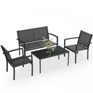 LACOO 4 Pieces Patio Indoor Furniture Outdoor Patio Furniture Set Textilene Bistro Set Modern Conversation Set Black Bistro Set with Loveseat Tea Table for Home, Lawn and Balcony, Black img 2