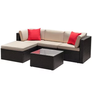 LACOO 5 Pieces Patio Sectional Set PE Rattan Outdoor All-Weather Wicker Conversation Set with Table, Beige img 2