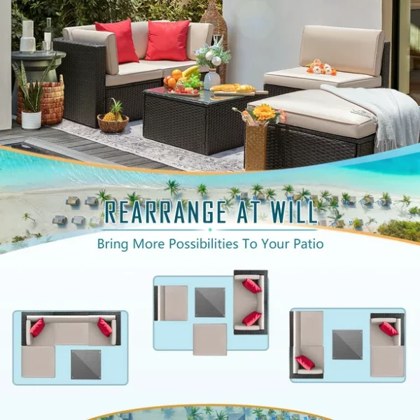 LACOO 5 Pieces Patio Sectional Set PE Rattan Outdoor All-Weather Wicker Conversation Set with Table, Beige