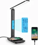LED Desk Lamp with Wireless Charger, USB Charging Port, Adjustable Foldable ​Table Lamp with Clock, Alarm, Date, Temperature, 5-Level Dimmable ​Lighting​, Office Lamp with Adapter,Black