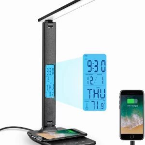 LED Desk Lamp with Wireless Charger, USB Charging Port, Adjustable Foldable ​Table Lamp with Clock, Alarm, Date, Temperature, 5-Level Dimmable ​Lighting​, Office Lamp with Adapter,Black