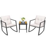 Lacoo 3 Pieces Patio Rocking Chair Outdoor Wicker Bistro Sets Modern Outdoor Rocker Furniture Sets Cushioned PE Rattan Chairs Conversation Sets with Glass Coffee Table, Beige