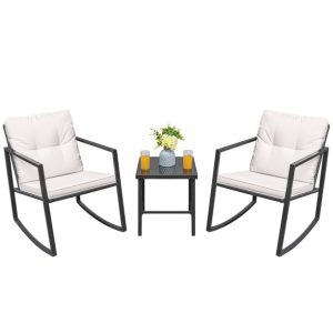 Lacoo 3 Pieces Patio Rocking Chair Outdoor Wicker Bistro Sets Modern Outdoor Rocker Furniture Sets Cushioned PE Rattan Chairs Conversation Sets with Glass Coffee Table, Beige img 2