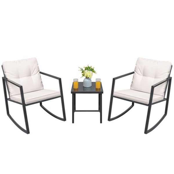 Lacoo 3 Pieces Patio Rocking Chair Outdoor Wicker Bistro Sets Modern Outdoor Rocker Furniture Sets Cushioned PE Rattan Chairs Conversation Sets with Glass Coffee Table, Beige