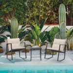Lacoo 3 Pieces Patio Rocking Chair Outdoor Wicker Bistro Sets Modern Outdoor Rocker Furniture Sets Cushioned PE Rattan Chairs Conversation Sets with Glass Coffee Table, Beige