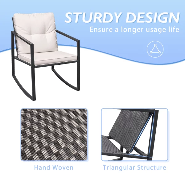 Lacoo 3 Pieces Patio Rocking Chair Outdoor Wicker Bistro Sets Modern Outdoor Rocker Furniture Sets Cushioned PE Rattan Chairs Conversation Sets with Glass Coffee Table, Beige