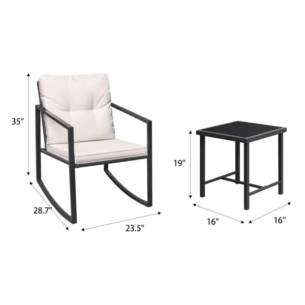 Lacoo 3 Pieces Patio Rocking Chair Outdoor Wicker Bistro Sets Modern Outdoor Rocker Furniture Sets Cushioned PE Rattan Chairs Conversation Sets with Glass Coffee Table, Beige
