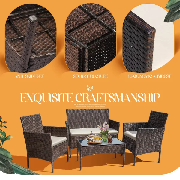 Lacoo 4 Pieces Patio Conversation Set Outdoor Furniture PE Rattan Wicker Chairs Set and Table, Brown