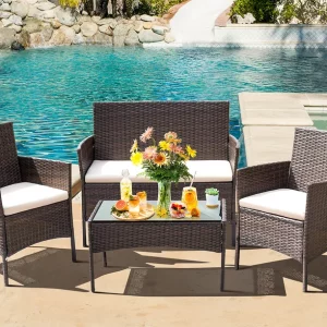 Lacoo 4 Pieces Patio Conversation Set Outdoor Furniture PE Rattan Wicker Chairs Set and Table, Brown img3