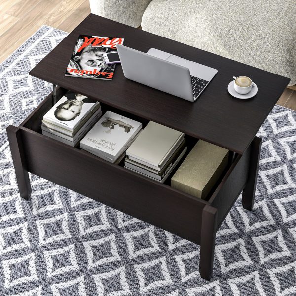Lift Top Coffee Table with Hidden Storage Compartment, Wood Frame, Lift Tabletop Dining Table with Storage Space for Living Room Reception
