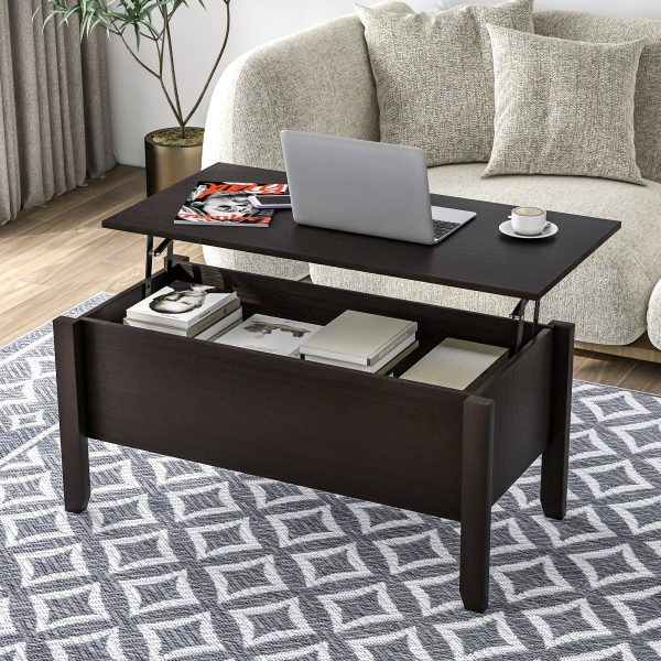 Lift Top Coffee Table with Hidden Storage Compartment, Wood Frame, Lift Tabletop Dining Table with Storage Space for Living Room Reception