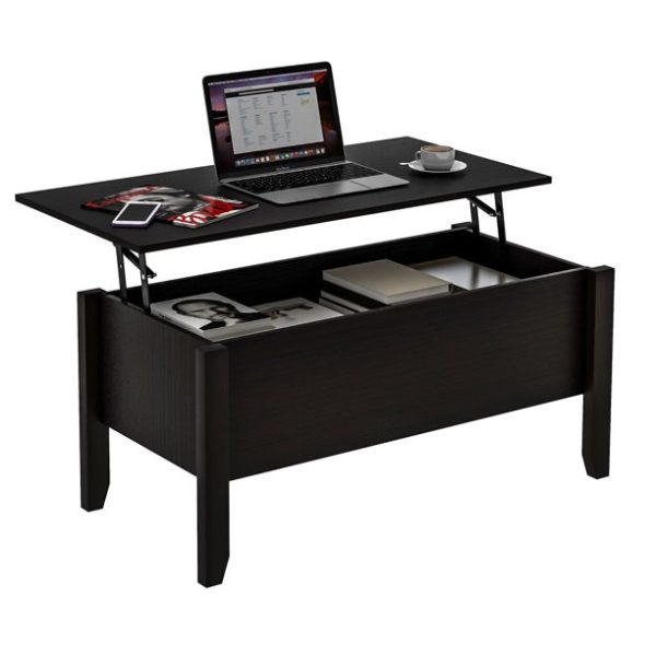 Lift Top Coffee Table with Hidden Storage Compartment, Wood Frame, Lift Tabletop Dining Table with Storage Space for Living Room Reception