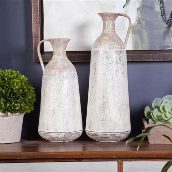 LuxenHome Set of 2 Distressed Off White and Rustic Brown Metal Pitcher Vase