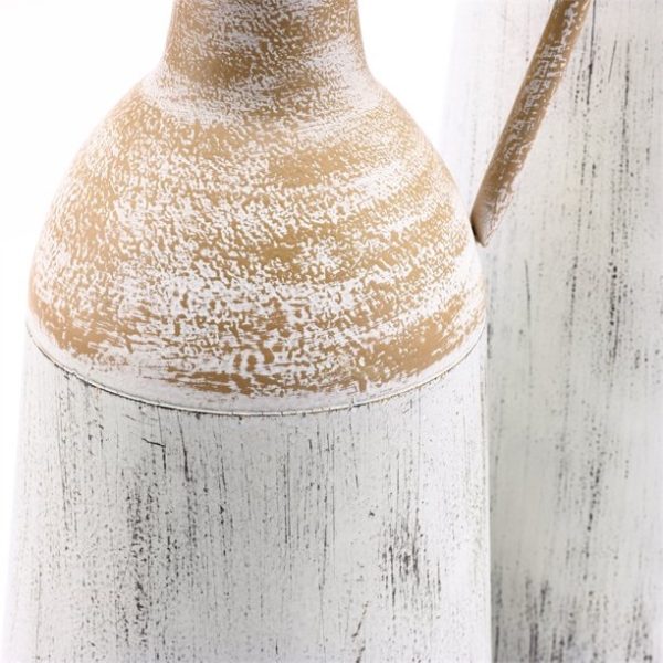 LuxenHome Set of 2 Distressed Off White and Rustic Brown Metal Pitcher Vase