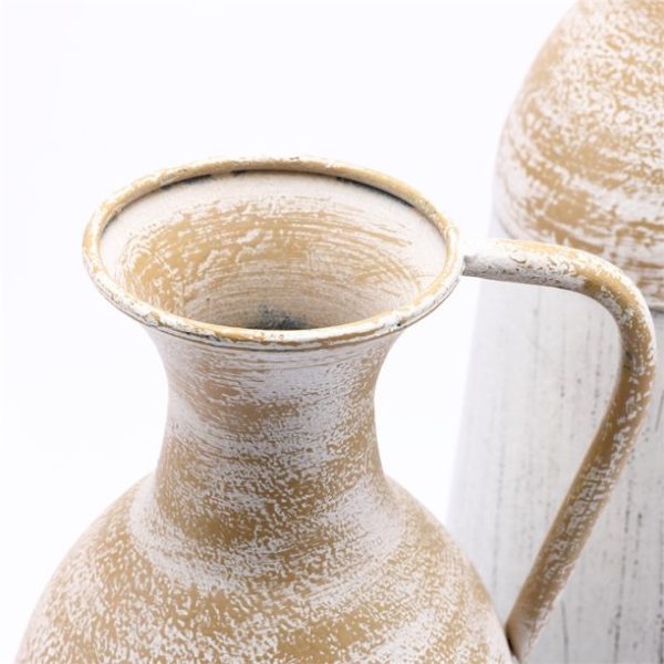 LuxenHome Set of 2 Distressed Off White and Rustic Brown Metal Pitcher Vase
