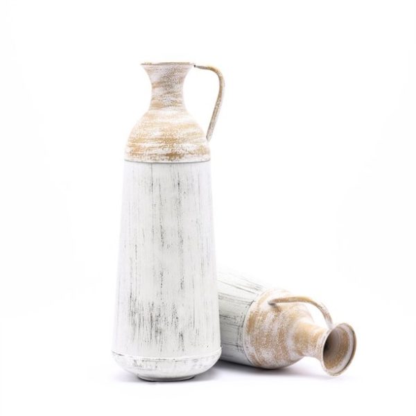 LuxenHome Set of 2 Distressed Off White and Rustic Brown Metal Pitcher Vase