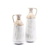 LuxenHome Set of 2 Distressed Off White and Rustic Brown Metal Pitcher Vase