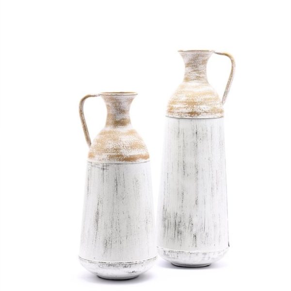 LuxenHome Set of 2 Distressed Off White and Rustic Brown Metal Pitcher Vase