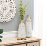 LuxenHome Set of 2 Distressed Off White and Rustic Brown Metal Pitcher Vase