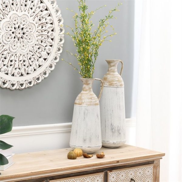 LuxenHome Set of 2 Distressed Off White and Rustic Brown Metal Pitcher Vase