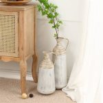 LuxenHome Set of 2 Distressed Off White and Rustic Brown Metal Pitcher Vase