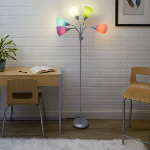 Mainstays 5 Light Floor Lamp, Silver Color with Multi Color Shades Made of Metal
