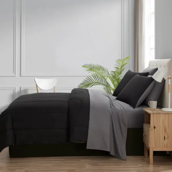 Mainstays Black 8 Piece Bed in a Bag Comforter Set With Sheets, Queen