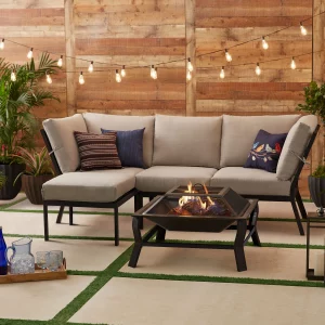 Mainstays Greyson Square 4 Pc Outdoor Patio Sectional Set, Beige/Black Steel Cushion