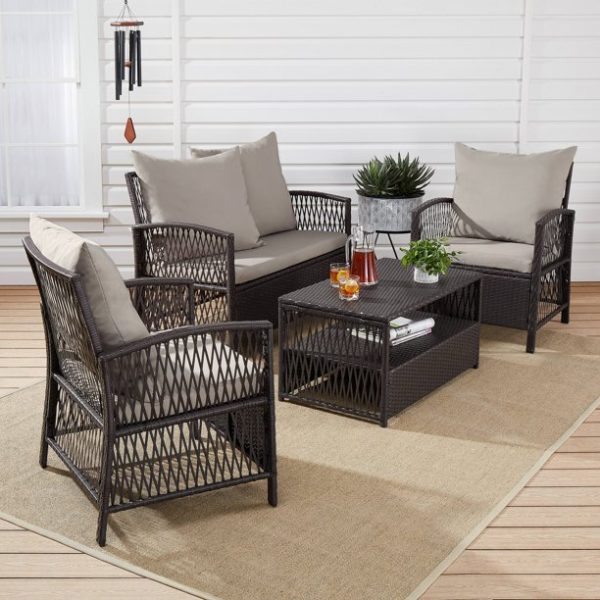 Mainstays Sanza Rattan 4-Piece Wicker Patio Furniture Conversation Set, Beige