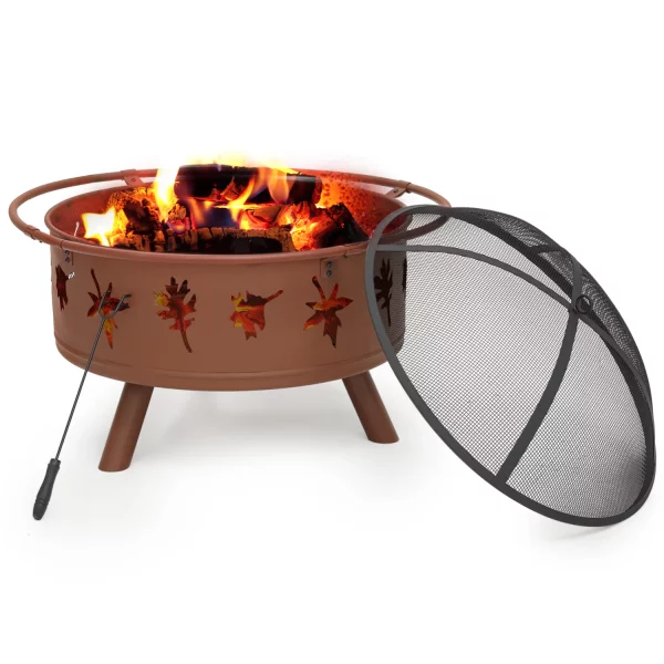 MoNiBloom 32 inch Wood Burning Fire Pit, Iron Firepit with Log Grate & Spark Screen and Poker for Patio, Backyard, Outside