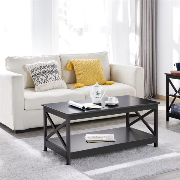Modern Wooden X-Design Rectangle Coffee Table with Storage Shelf, Multiple Colors