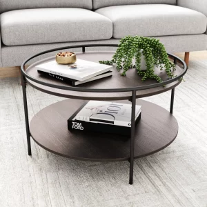 Nathan James Paloma Round Coffee Table for Tea or Cocktail 2-Tier Minimalist Tray Top Edge, Dark Oak/Matte Black